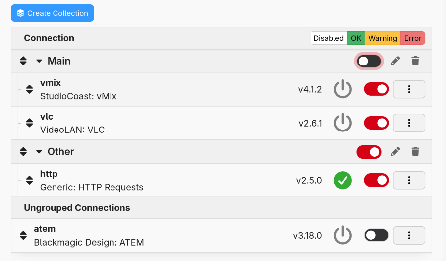 Connection list showing Collections