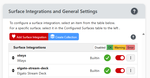 Surface integrations panel